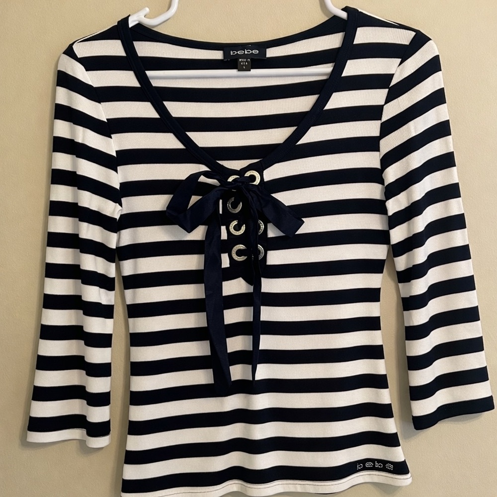 Bebe Striped Lace-Up Long Sleeve Top